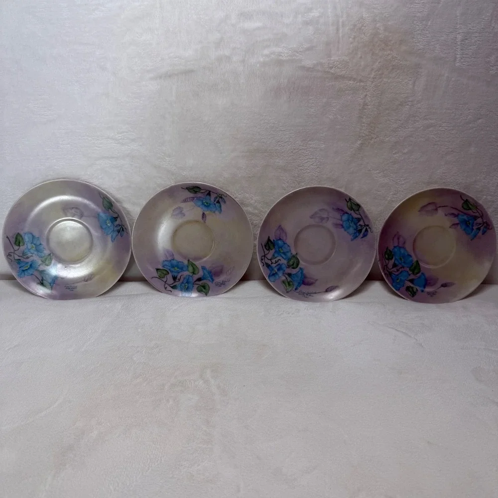 Belle Wilson Hand Painted Violet Floral Porcelain Saucers Set‎ of 4 1985 Vintage